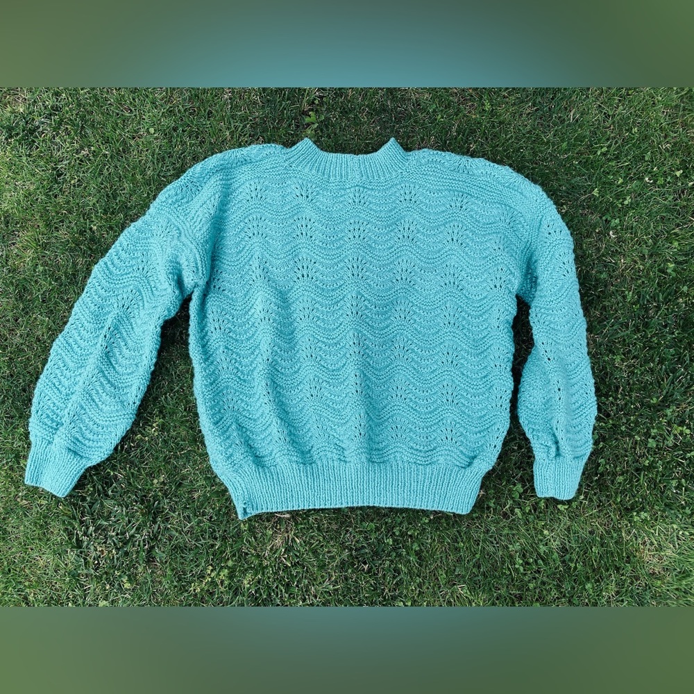 Vintage 90s Handknit Sky Blue Boho Pointelle Long Sleeve Mock Neck Sweater